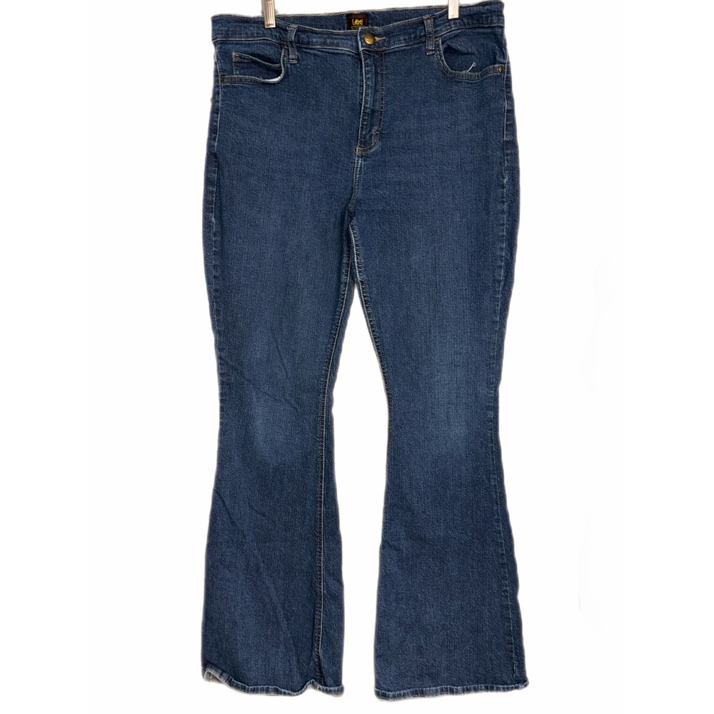 Lee Womens High Rise Flare Jeans Medium Wash Blue Denim 18 Long 12339762